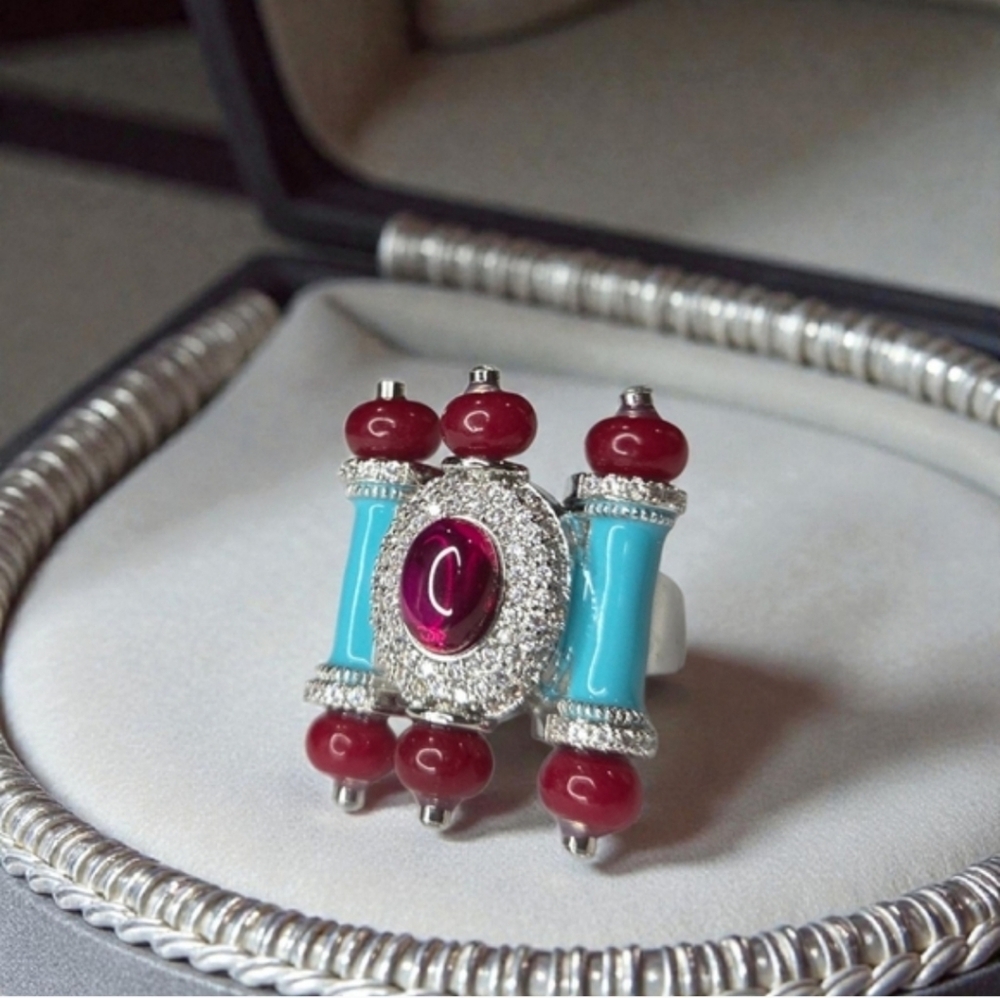 Exquisite High-end Rhodium Plated Turquoise Enamel Ruby Glass Cabochon Ring - Picture 1 of 6